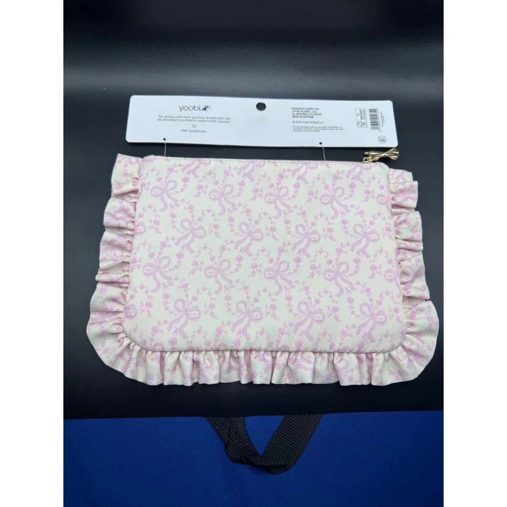 LoveShackFancy x Yoobi Accessory Pouch Pink Bow Floral Ruffle Makeup Bag NWT